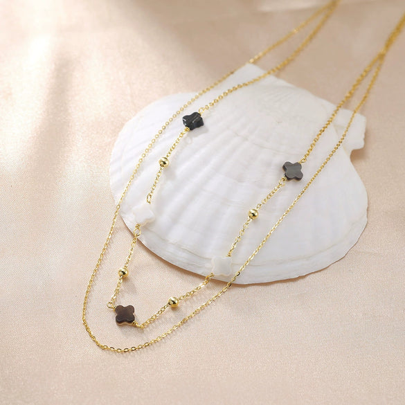 Jewelry Double Layer Star Four Leaf Clover Shell O Word Chain Necklace Silver Electroplated For Women