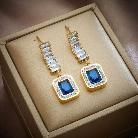 Jewelry Earrings Square Sapphire Diamondembedded Titanium Steel Geometric Electroplated Women's Light Luxury Highend Allmatch