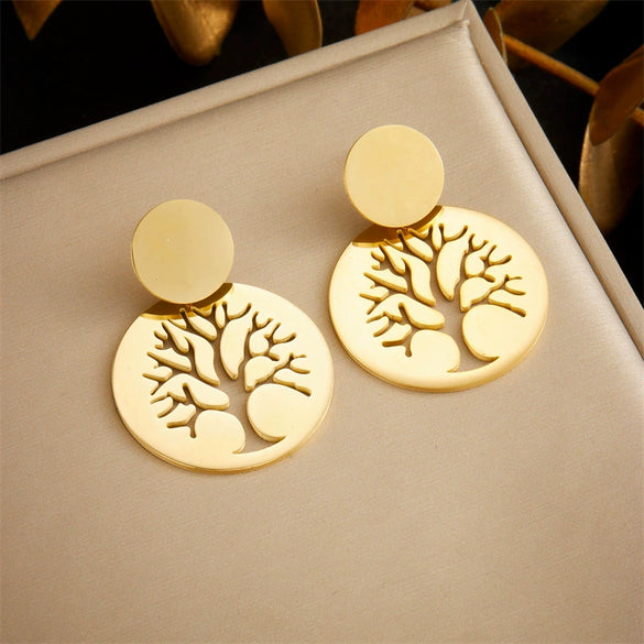Jewelry Earrings Stainless Steel Fashion Geometric Hollow Gold Plated Round Life Tree Pendant