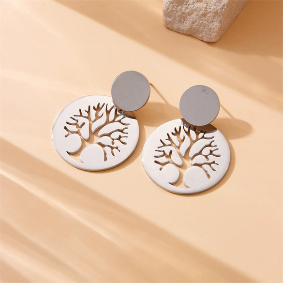 Jewelry Earrings Stainless Steel Fashion Geometric Hollow Gold Plated Round Life Tree Pendant