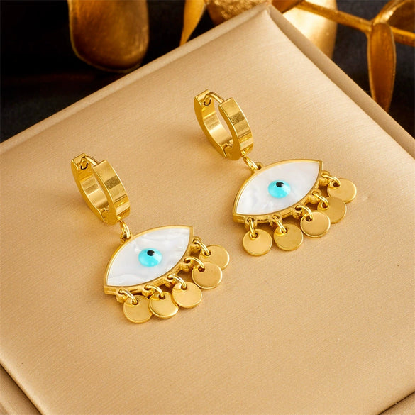 Jewelry Earrings Titanium Steel Geometric Oval Blue Eye Tassel Electroplated For Women