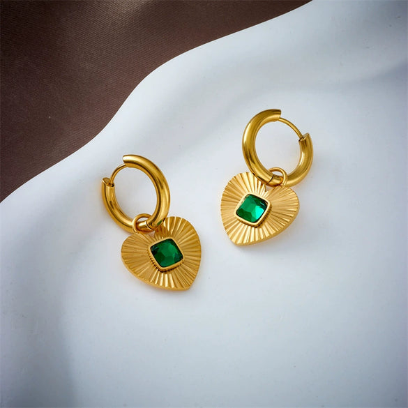 Jewelry Earrings Titanium Steel Heart Shape Geometric Pattern Inlaid Green Diamond Electroplated