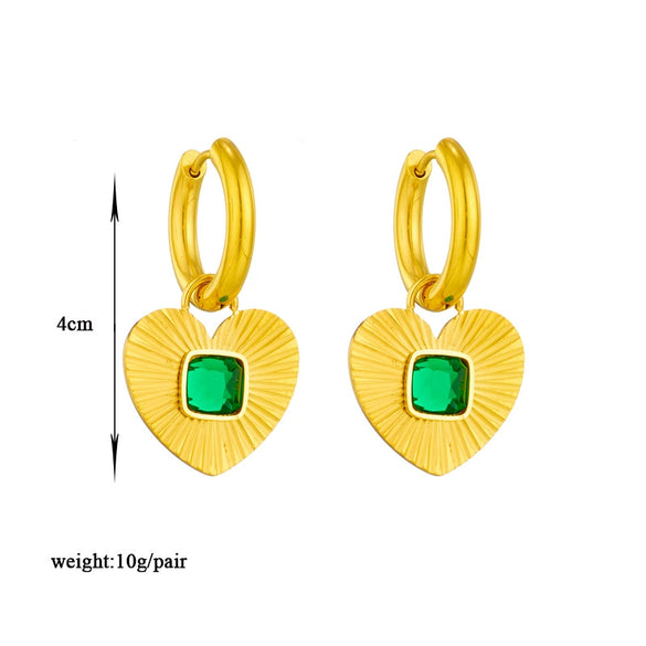 Jewelry Earrings Titanium Steel Heart Shape Geometric Pattern Inlaid Green Diamond Electroplated