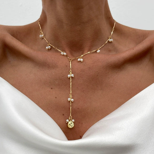 Jewelry Elegant Imitation Pearl Beaded Geometric Ball Chain Metal Clavicle Chain With Plastic Pendant Electroplated