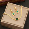 Jewelry Emerald Stainless Steel Necklace Set With Snake Bone Chain And Geometric Design Electroplated