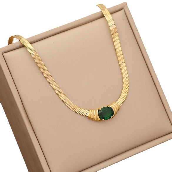 Jewelry Emerald Stainless Steel Necklace Set With Snake Bone Chain And Geometric Design Electroplated