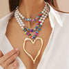 Jewelry Exaggerated Retro Heart Shaped Turquoise Plastic Resin Alloy Beaded Imitation Pearl Ball Chain Electroplated Necklace For Women