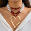 Jewelry Exaggerated Retro Heart Shaped Turquoise Plastic Resin Alloy Beaded Imitation Pearl Ball Chain Electroplated Necklace For Women