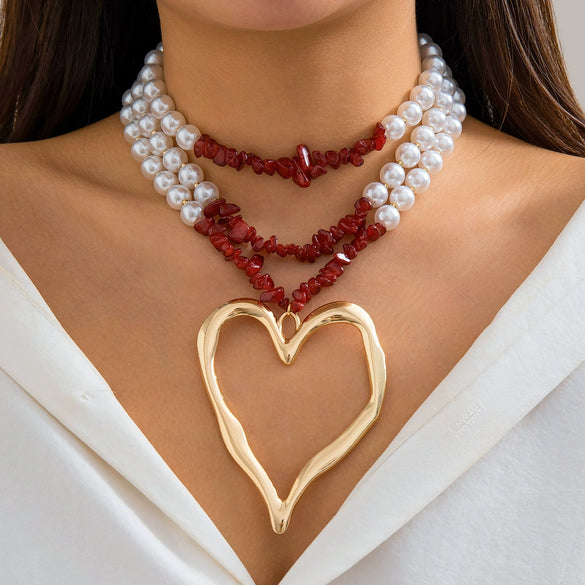 Jewelry Exaggerated Retro Heart Shaped Turquoise Plastic Resin Alloy Beaded Imitation Pearl Ball Chain Electroplated Necklace For Women
