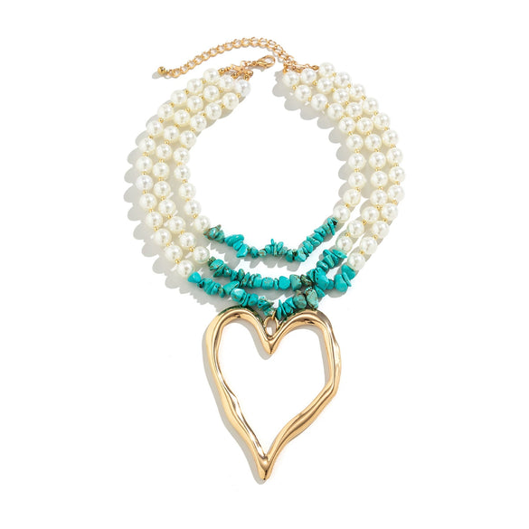 Jewelry Exaggerated Retro Heart Shaped Turquoise Plastic Resin Alloy Beaded Imitation Pearl Ball Chain Electroplated Necklace For Women