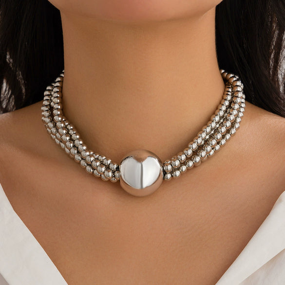 Jewelry Exaggerated Round Bead Pendant Clavicle Necklace Women Hiphop Trendy Metal Multilayered Imitation Pearl Ball Chain Electroplating Geometric Style