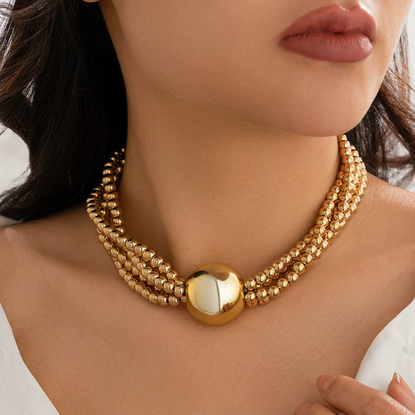 Jewelry Exaggerated Round Bead Pendant Clavicle Necklace Women Hiphop Trendy Metal Multilayered Imitation Pearl Ball Chain Electroplating Geometric Style