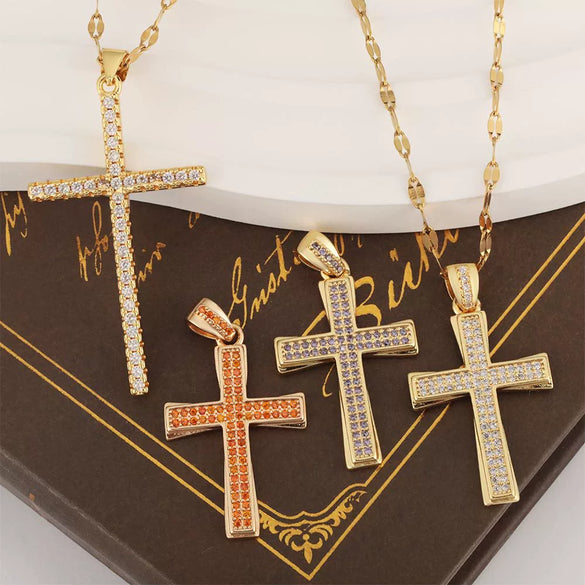 Jewelry Fashion Pendant Copper Zircon Goldplated Cross Lip Chain Electroplating Geometric Style