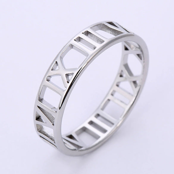 Jewelry Fashion Simple Stainless Steel Jewelry Laser Cutting Roman Numeral Titanium Steel Ring Threecolor Optional