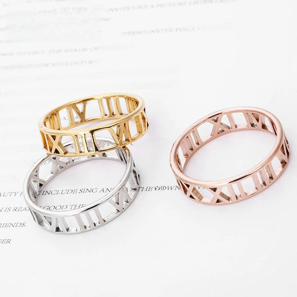 Jewelry Fashion Simple Stainless Steel Jewelry Laser Cutting Roman Numeral Titanium Steel Ring Threecolor Optional