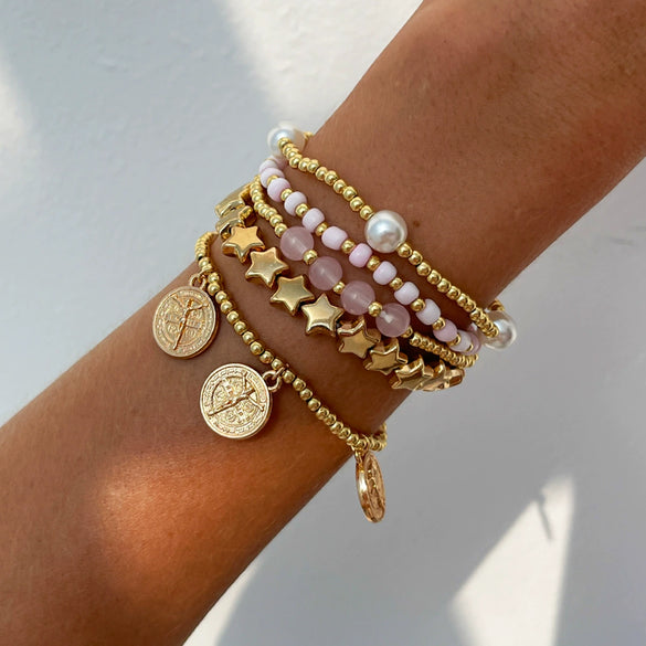 Jewelry Fivepointed Star Bracelet Set For Women Ccb Rice Beads Crystal Imitation Pearl Alloy Iron Chain Electroplating Ins Style