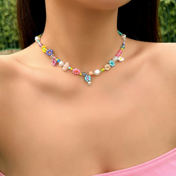 Jewelry Flower Beaded Clavicle Chain Necklace Handmade With Plastic Resin Alloy And Ball Chain For Women