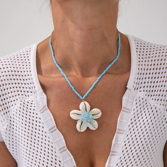 Jewelry Flower Shell Pendant Necklace With Rice Beads Electroplated Clavicle Chain For Women