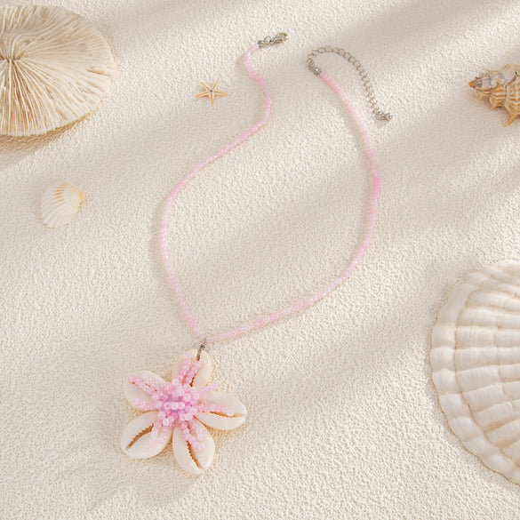 Jewelry Flower Shell Pendant Necklace With Rice Beads Electroplated Clavicle Chain For Women