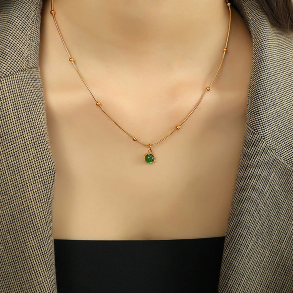 Jewelry French Retro Green Glass Stone Pendant Necklace 316L Stainless Steel 18K Gold Plated Geometric Fashion For Women