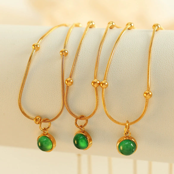 Jewelry French Retro Green Glass Stone Pendant Necklace 316L Stainless Steel 18K Gold Plated Geometric Fashion For Women