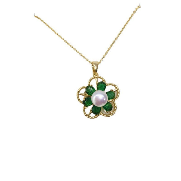 Jewelry Freshwater Pearl Pendant Necklace Natural Style Copper 18K Goldfilled Rotating Micropaved Zircon Flower Shape