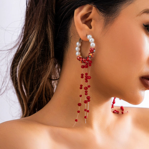 Jewelry Gothic Imitation Pearl Crystal Tassel Geometric Handmade Blood Drops Long Earrings For Women