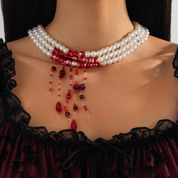 Jewelry Gothic Imitation Pearl Necklace Choker Handmade Geometric Blood Drops Tassel