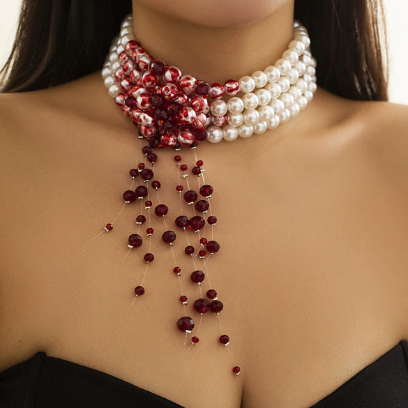 Jewelry Gothic Imitation Pearl Necklace Choker Handmade Geometric Blood Drops Tassel