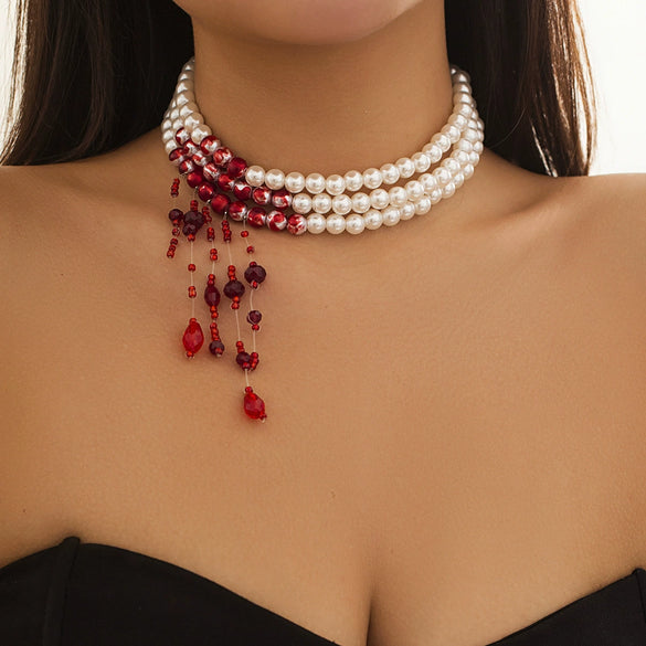 Jewelry Gothic Imitation Pearl Necklace Choker Handmade Geometric Blood Drops Tassel