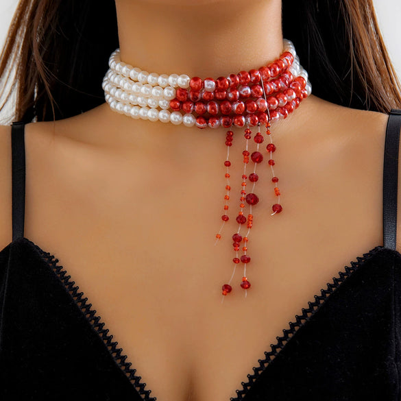Jewelry Gothic Imitation Pearl Necklace Choker Handmade Geometric Blood Drops Tassel