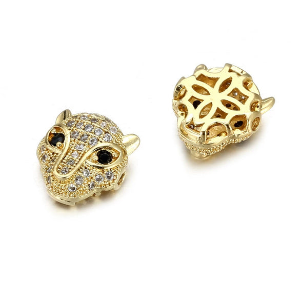 Jewelry Handmade Copper Inlaid Zirconium Leopard Head Round Hole Loose Beads Pendant Accessories Electroplated