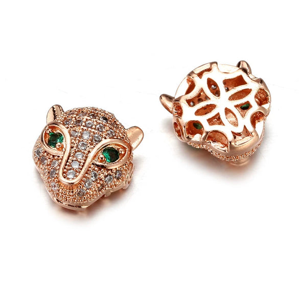 Jewelry Handmade Copper Inlaid Zirconium Leopard Head Round Hole Loose Beads Pendant Accessories Electroplated