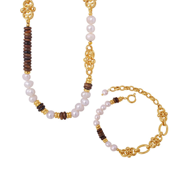 Jewelry Handmade Natural Tiger Eye Freshwater Pearl Retro Light Luxury Court Style 316L Stainless Steel Necklace Bracelet