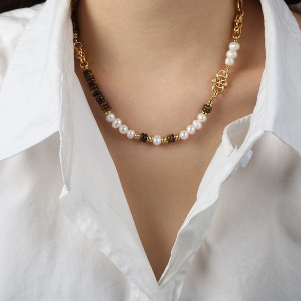 Jewelry Handmade Natural Tiger Eye Freshwater Pearl Retro Light Luxury Court Style 316L Stainless Steel Necklace Bracelet