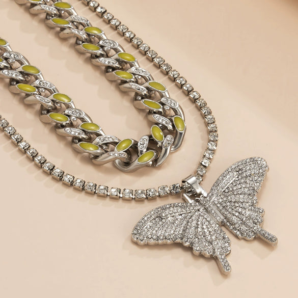 Jewelry Hip Hop Luminous Oil Dropping Cuban Chain Necklace With Butterfly Pendant Alloy Rhinestone Electroplating Geometric Style