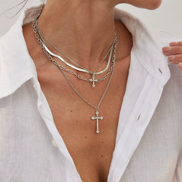 Jewelry Hip Hop Multilayer Cross Pendant Clavicle Chain Alloy Iron Copper Electroplating Geometric Style