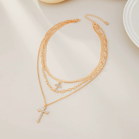 Jewelry Hip Hop Multilayer Cross Pendant Clavicle Chain Alloy Iron Copper Electroplating Geometric Style