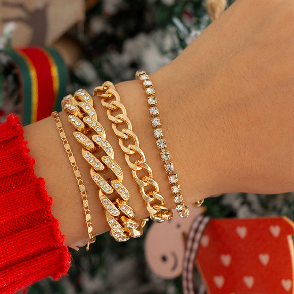Jewelry Hiphop Punk Alloy Diamondencrusted Cuban Buckle Chain Bracelet Set With Geometric Pattern