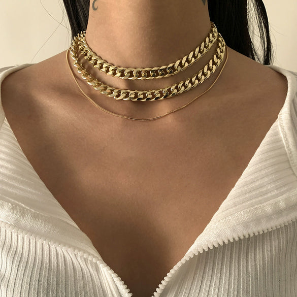 Jewelry Hiphop Retro Geometric Multilayer Snake Bone Chain Necklace For Women Alloy Metal Electroplating