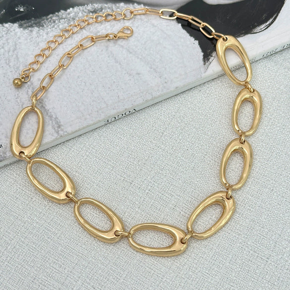 Jewelry Hiphop Style Oval Cut Out Clavicle Chain Necklace And Ring Set Alloy Geometric Electroplated