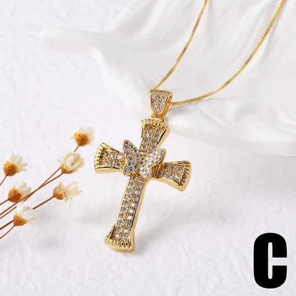 Jewelry Hiphop Zircon Cross Pendant Necklace Copper Geometric Electroplating Clavicle Chain