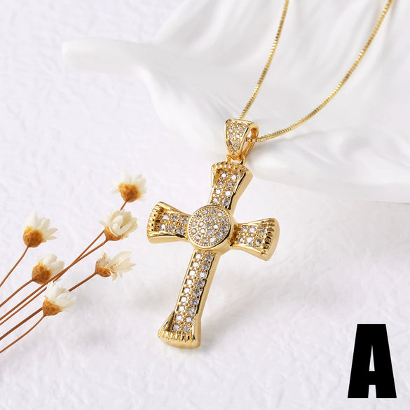 Jewelry Hiphop Zircon Cross Pendant Necklace Copper Geometric Electroplating Clavicle Chain