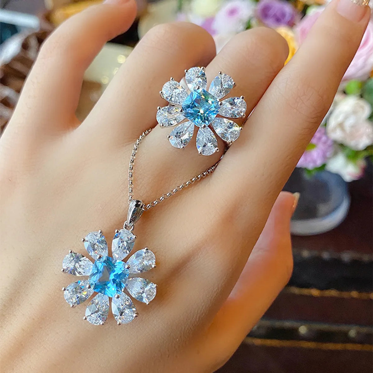 Jewelry Imitation Natural Blue Topaz Necklace Diamond Earrings Ring Pendant