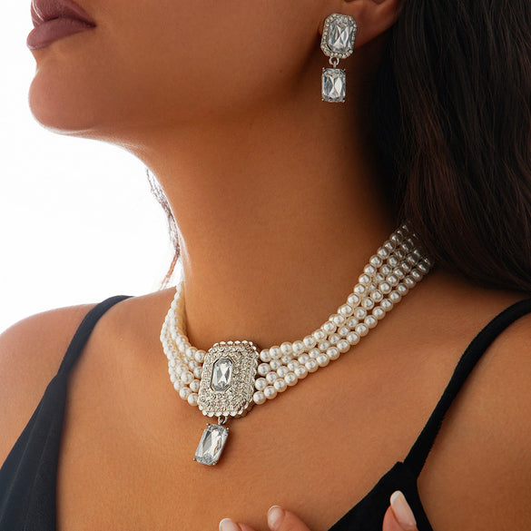 Jewelry Imitation Pearl Alloy Geometric Light Luxury Multilayer Clavicle Chain Electroplated
