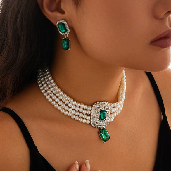 Jewelry Imitation Pearl Alloy Geometric Light Luxury Multilayer Clavicle Chain Electroplated