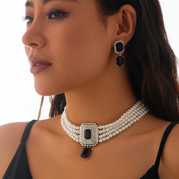 Jewelry Imitation Pearl Alloy Geometric Light Luxury Multilayer Clavicle Chain Electroplated