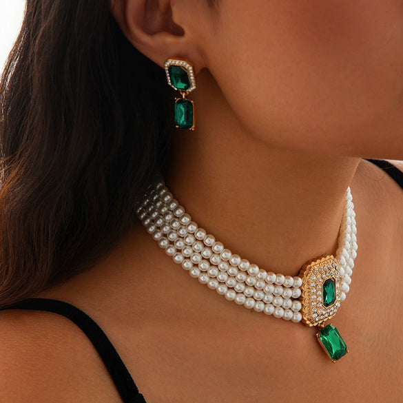 Jewelry Imitation Pearl Alloy Geometric Light Luxury Multilayer Clavicle Chain Electroplated