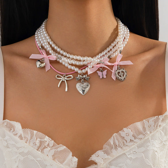 Jewelry Imitation Pearl Alloy Love Butterfly Heart Shape Bow Tie Geometric Sweet Women's Necklace