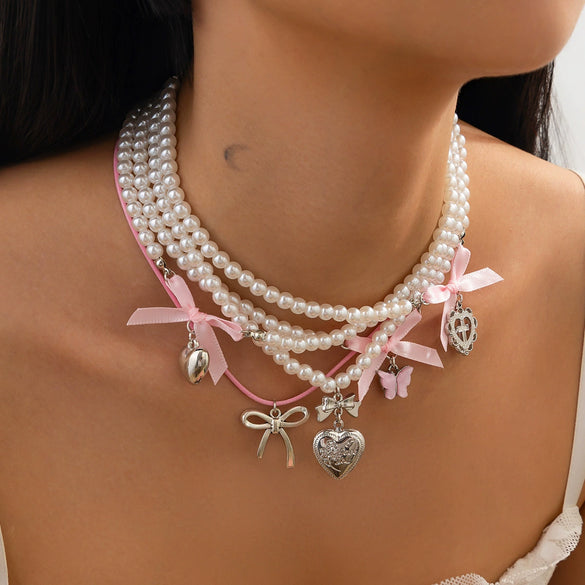 Jewelry Imitation Pearl Alloy Love Butterfly Heart Shape Bow Tie Geometric Sweet Women's Necklace